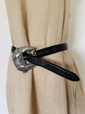 90s VTG Hartnell Black Alligator Grain Thin Belt Medium SilverTone Buckle Cherub